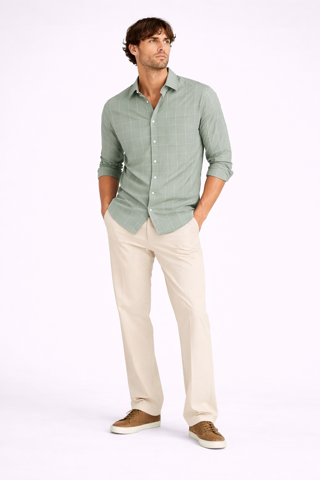 Celadon Sage Gridline Luxe Cotton Shirt