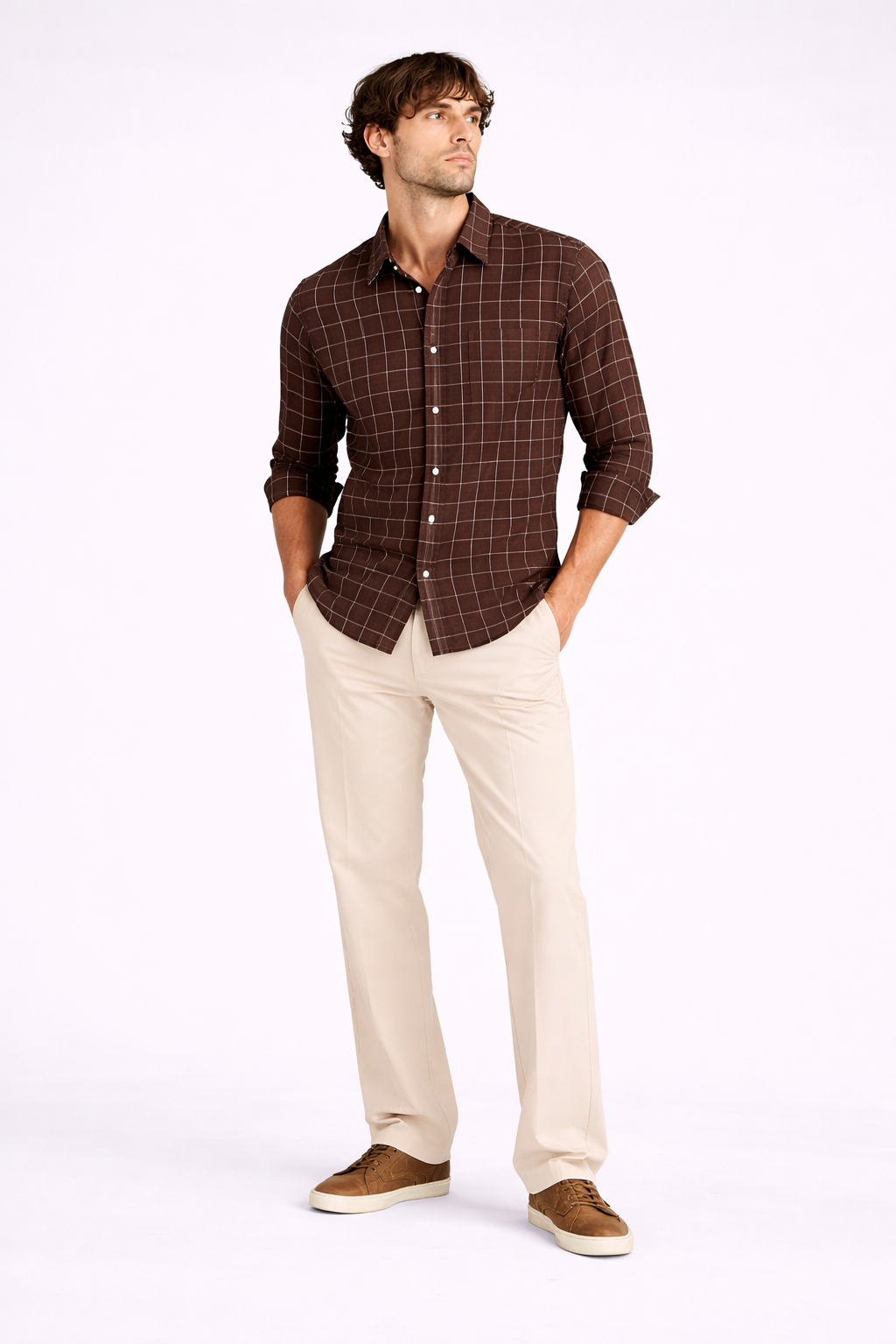 Peat Brown Meridian Grid Cotton Shirt